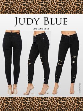 NWOT Judy Blue Leopard Print Patch Destroyed JB82168 Skinny Fit Jeans (14W)